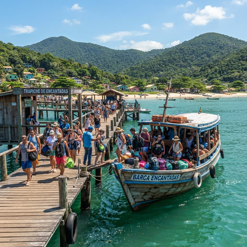 Barca de travessia chegando ao trapiche de Encantadas na Ilha do Mel, Paraná