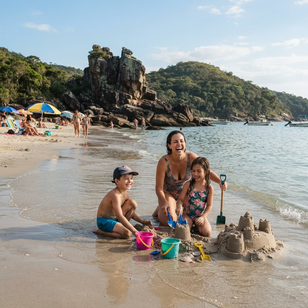 Família com crianças na praia calma de Encantadas na Ilha do Mel, Paraná