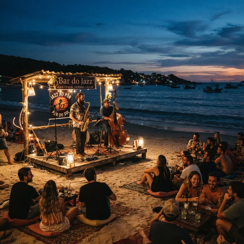 Show de jazz ao ar livre na praia de Encantadas durante festival de agosto na Ilha do Mel