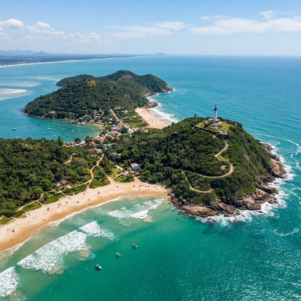 Vista panorâmica da Ilha do Mel em dia ensolarado, com praia e mata atlântica