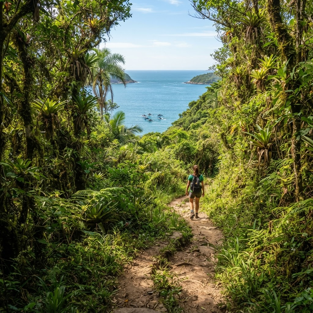 Trilha em meio à mata atlântica preservada da Ilha do Mel durante a primavera