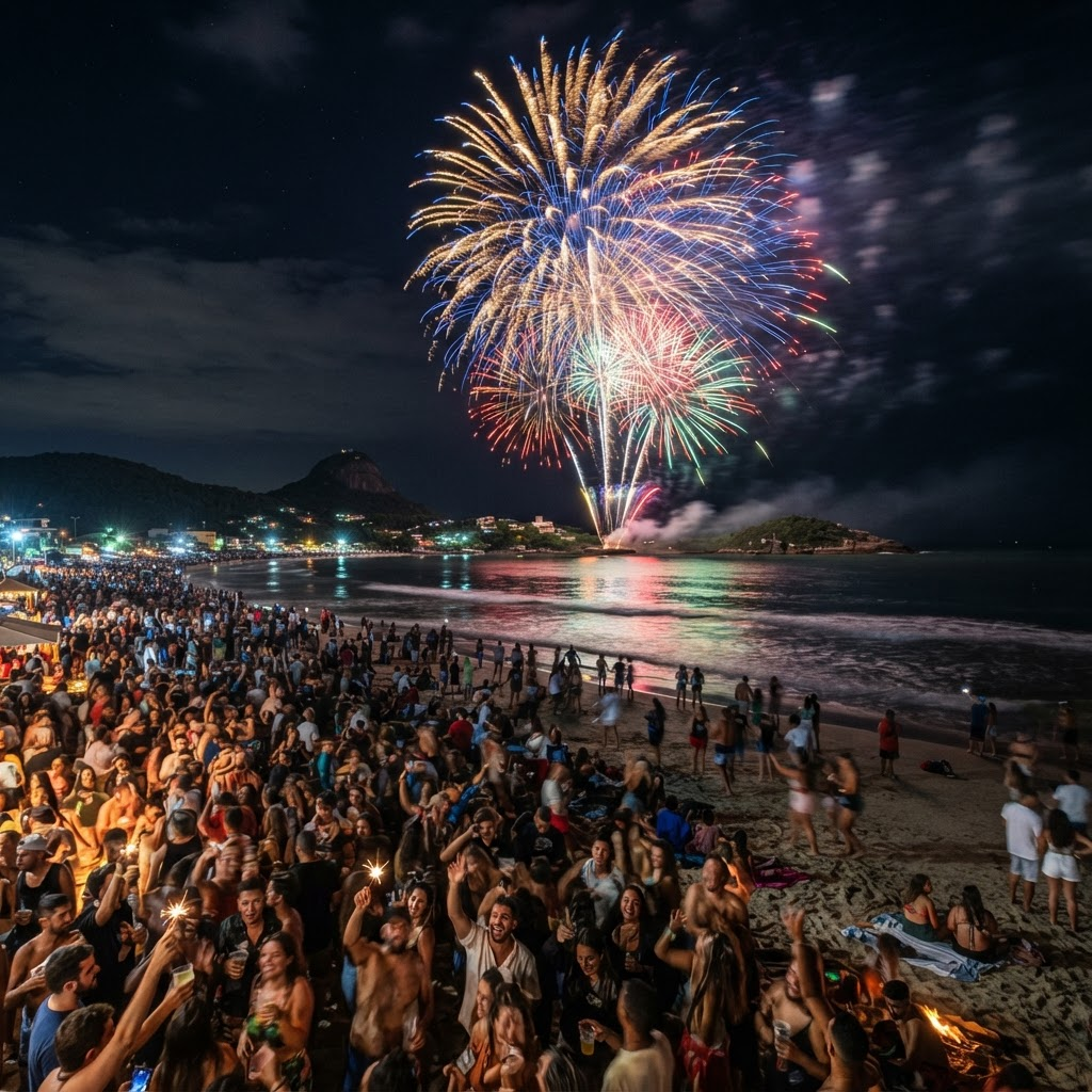 Queima de fogos na virada do ano sobre a praia da Ilha do Mel, Paraná